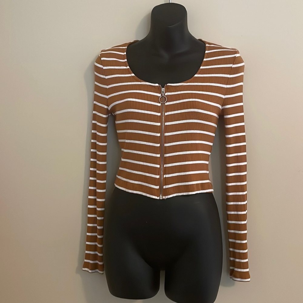Striped long sleeve Crop Top with zipper